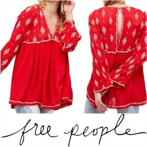Free People Diamond Embroidered Bell Sleeve Red Tunic Top W-299 Sz XS